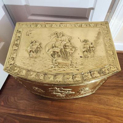 Vintage Embossed Lombard of England Brass Log Kindling Records Storage Box Tall ships