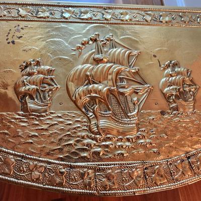 Vintage Embossed Lombard of England Brass Log Kindling Records Storage Box Tall ships