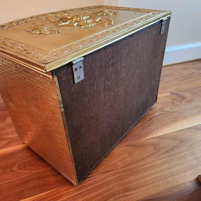 Vintage Embossed Lombard of England Brass Log Kindling Records Storage Box Tall ships