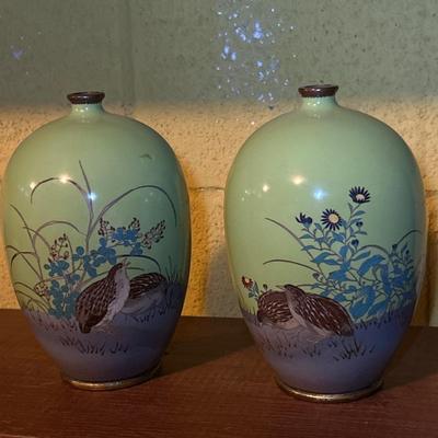 Japanese Cloisonne Enamel Quail Vase Pair - Shobido of Osaka?