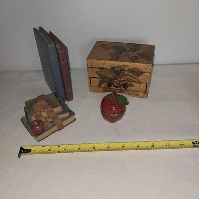 WOODEN BOX-APPLE TRINKET BOX AND WOODEN BOOK DECORS