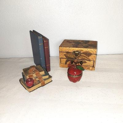 WOODEN BOX-APPLE TRINKET BOX AND WOODEN BOOK DECORS