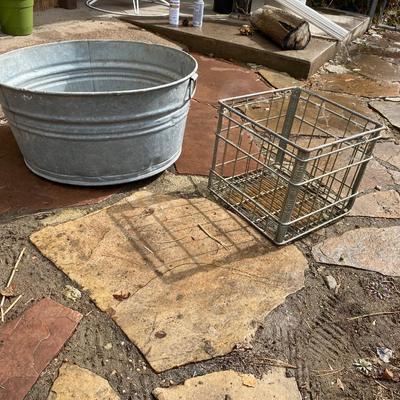LARGE GALVANIZED WASH TUB AND WIRE MILK CRATE