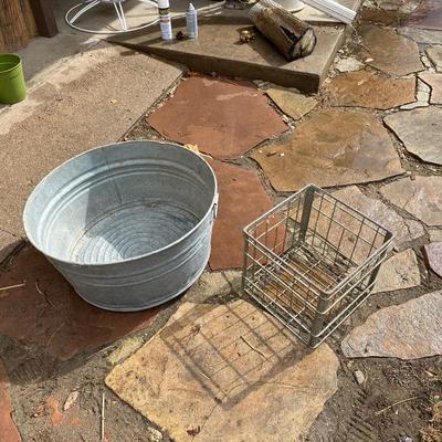 LARGE GALVANIZED WASH TUB AND WIRE MILK CRATE