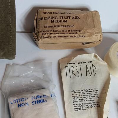 Vintage Military Issued Canvas First Aid kit bag with other miliary Canvas pouches and First Aid items