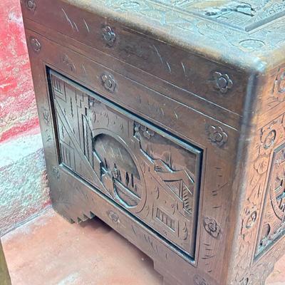 Heavily Carved Chinese Vintage Camphor Wood Chest