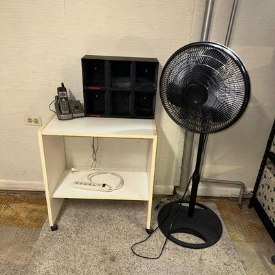 FLOOR FAN, CORDLESS PHONE, CD HOLDER & CUBED SHELF