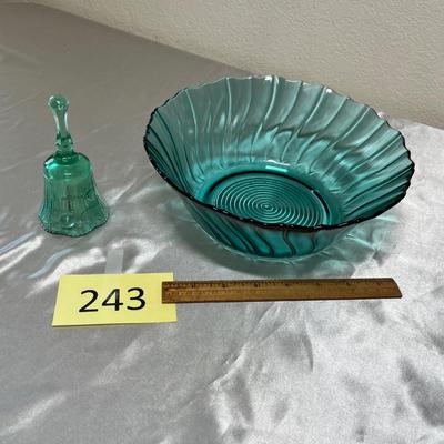 Green depression bowl & souvenir bell