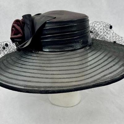 Whittall & Shon Vintage wide brim Hat black & maroon leather roses trim on hatband