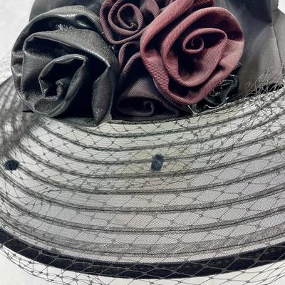 Whittall & Shon Vintage wide brim Hat black & maroon leather roses trim on hatband