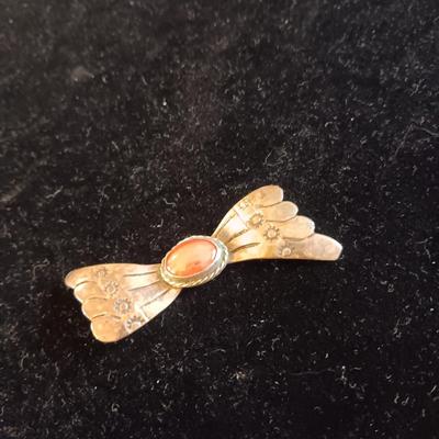 NATIVE AMERICAN STERLING PIN W/CORAL STONE