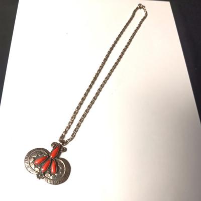 NATIVE AMERICAN STERLING PENDANT W/CORAL STONES SIGNED 