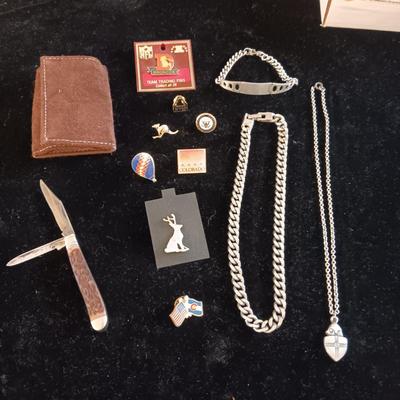 MOSTLY MEN'S JEWELRY, PINS, CAMILLUS POCKET KNIFE & KEY HOLDER