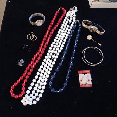 2 WATCHES, BEADED NECKLACES, EARRINGS AND MORE