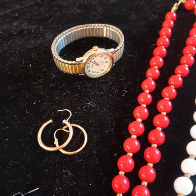 2 WATCHES, BEADED NECKLACES, EARRINGS AND MORE