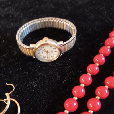2 WATCHES, BEADED NECKLACES, EARRINGS AND MORE