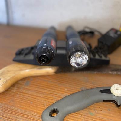RYOBI RECHARGEABLE SCREWDRIVER/FLASHLIGHT COMBO, MITER BOX AND MORE