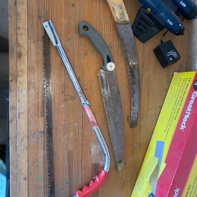 RYOBI RECHARGEABLE SCREWDRIVER/FLASHLIGHT COMBO, MITER BOX AND MORE