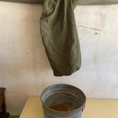 ARMY ISSUED NAP SACK AND GALVANIZED WASH TUB