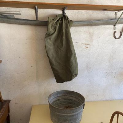 ARMY ISSUED NAP SACK AND GALVANIZED WASH TUB