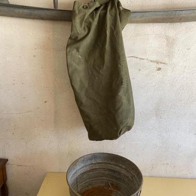 ARMY ISSUED NAP SACK AND GALVANIZED WASH TUB