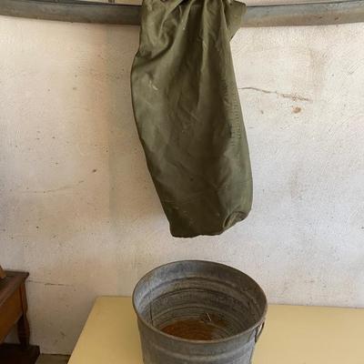 ARMY ISSUED NAP SACK AND GALVANIZED WASH TUB