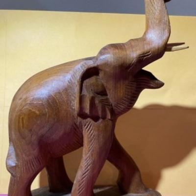 Vintage NORLEANS Thailand Hand Carved Teak Wood Elephant Sculpture Figurine 7" x 10.5" w/Tusks as Pic'd.