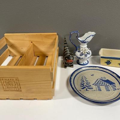 Napa box with ceramic vase, loaf pan and pottery plate