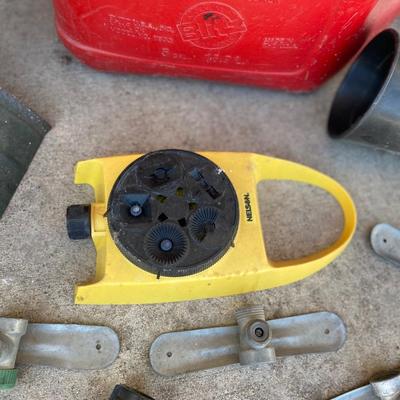 GAS CAN, FUNNEL, SPRINKLERS, & HOSE HANGER