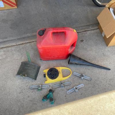GAS CAN, FUNNEL, SPRINKLERS, & HOSE HANGER
