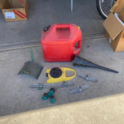 GAS CAN, FUNNEL, SPRINKLERS, & HOSE HANGER