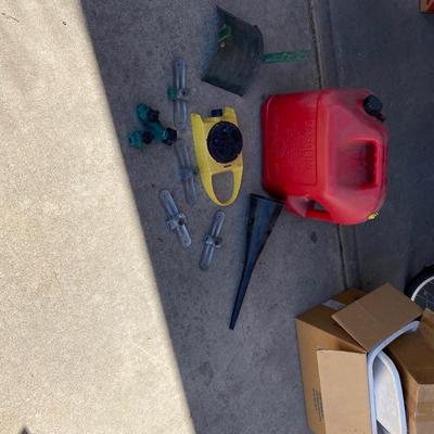 GAS CAN, FUNNEL, SPRINKLERS, & HOSE HANGER