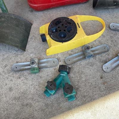 GAS CAN, FUNNEL, SPRINKLERS, & HOSE HANGER