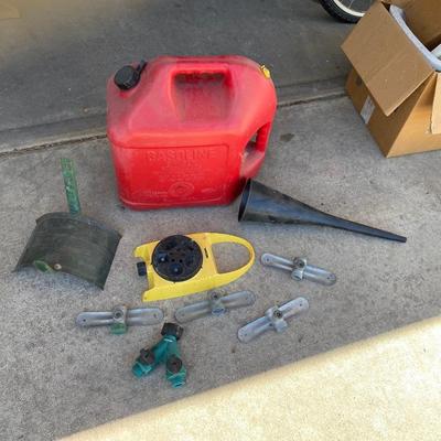 GAS CAN, FUNNEL, SPRINKLERS, & HOSE HANGER
