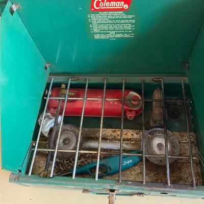 COLEMAN CAMP STOVE, LANTERN AND WATER JUG