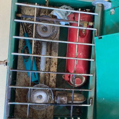 COLEMAN CAMP STOVE, LANTERN AND WATER JUG