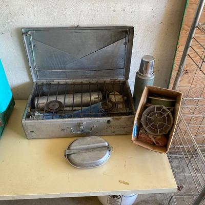 CAMP STOVE, THERMOS, COLEMAN BURNER AND MORE