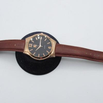 Men's K Rose Gold Tone with Brown Strap Round Face Watch