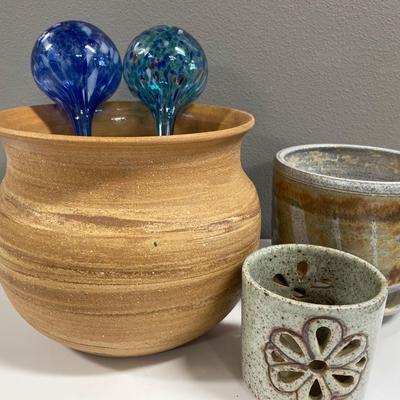 3 pottery planters & 2 glass watering bulbs