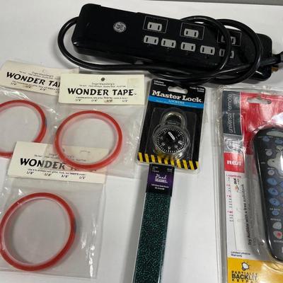 Power strip, master lock, beads & tape