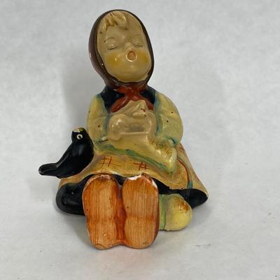 Vintage Chalkware Figurine Girl Sitting with bird
