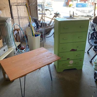 CHEST OF DRAWER PROJECT AND NICE WOOD TOP TABLE W/IRON LEGS
