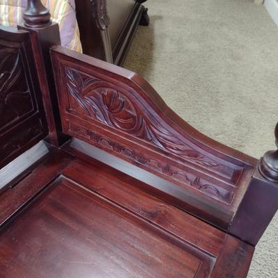 Mahogany Carved Wood Monk's Bench with Hinged Seat and Storage Compartment