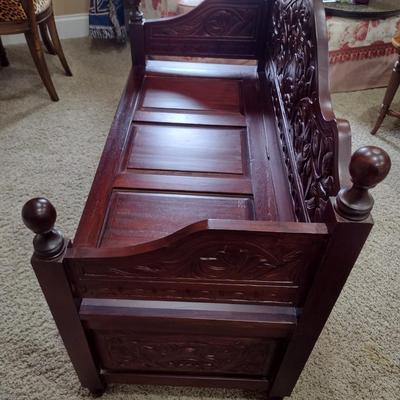 Mahogany Carved Wood Monk's Bench with Hinged Seat and Storage Compartment