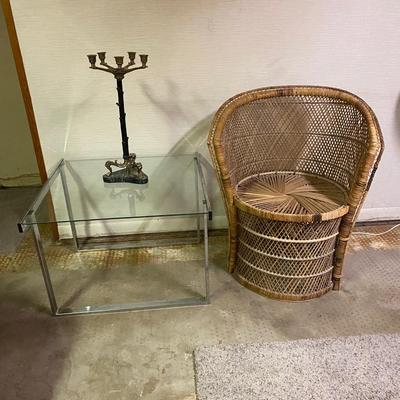 1980â€™s WICKER CHAIR ðŸª‘ GLASS TABLE AND CANDLE STICK HOLDER W/ MARBLE BASE