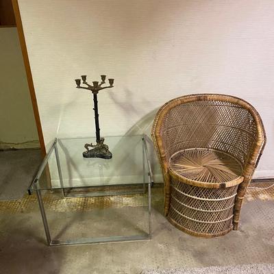 1980â€™s WICKER CHAIR ðŸª‘ GLASS TABLE AND CANDLE STICK HOLDER W/ MARBLE BASE