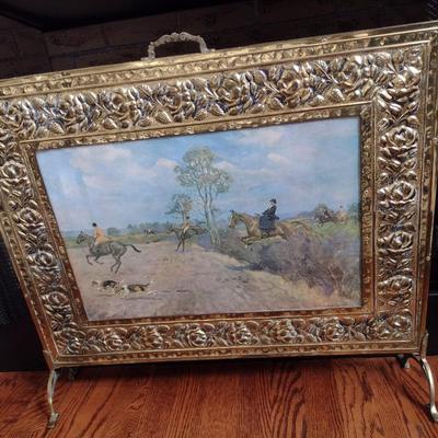 Vintage Hunter Horse and Hound Framed Fireplace Screen with Pressed Embossed Metal Frame