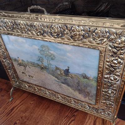 Vintage Hunter Horse and Hound Framed Fireplace Screen with Pressed Embossed Metal Frame