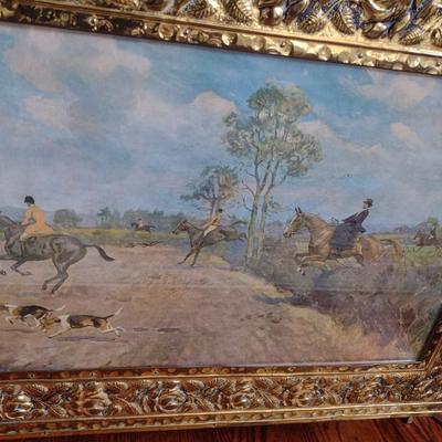Vintage Hunter Horse and Hound Framed Fireplace Screen with Pressed Embossed Metal Frame