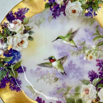 Signed Vintage Collector Plate Hummingbirds & Purple Flowers with Gold leaf Border